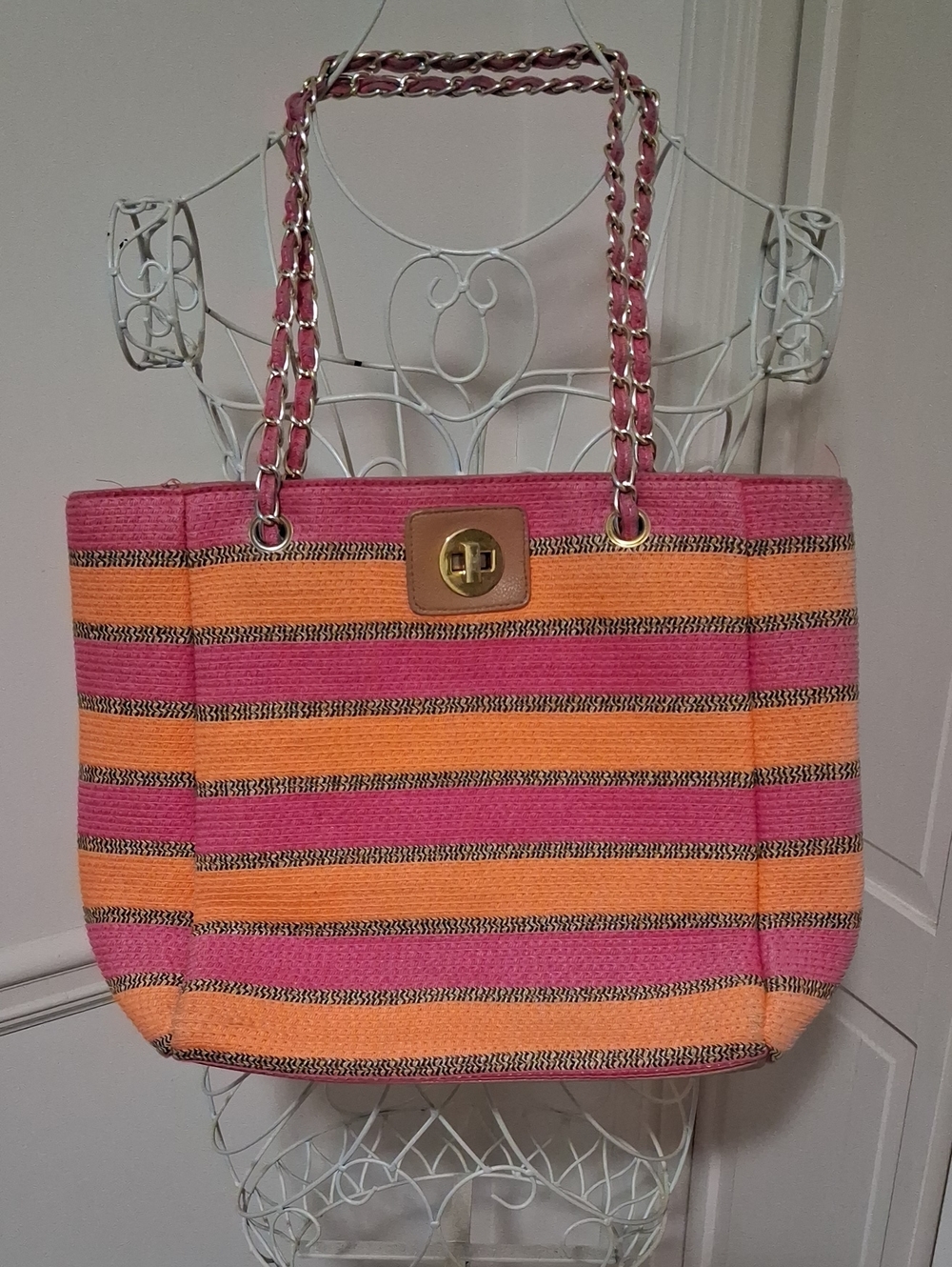 Women’s Pink and Orange Striped Tote Bag